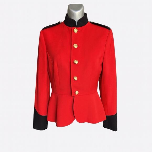 Ralph Lauren Red Wool Military Blazer Peplum Jacket Gold Italy Women 10 (Fits S) - Picture 1 of 16